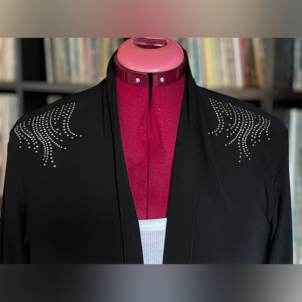 Black Rhinestone Shoulder Cardigan Open Front Lightweight Drape Top